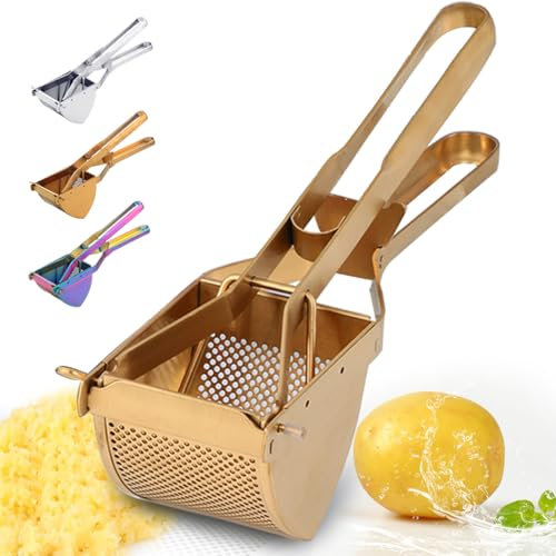 Large Potato Ricer, Heavy Duty Stainless Steel Potato Masher for Commercial and Home Use, Fruit Press Baby Food Masher (Gold)