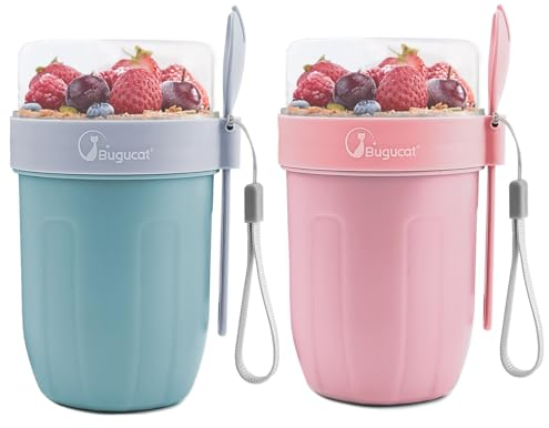 Bugucat Müslibecher to Go 660ML+260ML, 2in1 Joghurtbecher to Go & Müsli Cup to Go Becher mit Löffel, Auslaufsicherer Lunchpot Müslidose, Unterwegs Müslischale Yoghurt to Go für Picknick, Blau+Rosa