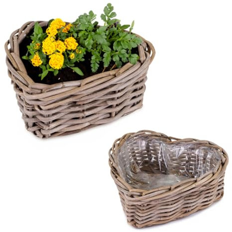 Pflanzkübel Premium Kubu Rattan-Körbe als Pflanzherzen Pflanztöpfe für außen - 2x Herz Pflanzkästen als wetterfeste Blumentöpfe in 37, 45 cm - Pflanzkörbe als Blumen-Korb, Pflanzen-Topf