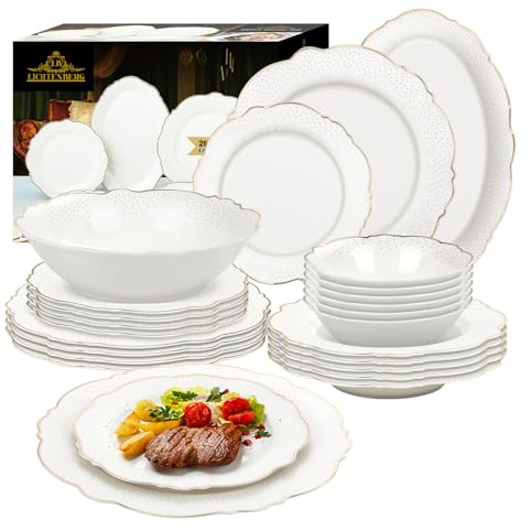 LB Geschirrset 26-Teiliges Fur 6 Personen, Tafelservice, Essservice aus Porzellan, Aufwendige Gestaltung, Qualitätsporzellan, Haltbar, Gefriersicher, Leicht zu reinigen Geschirr Set, LB-26DS2990