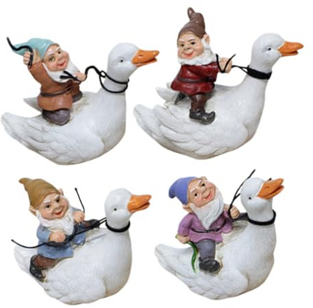 Milisten Gnome Riding Duck Statues Set of 4 Miniature Garden Ornaments for Outdoor Decor Funny Dwarf Figurines for Fairy Garden and Pond Decoration