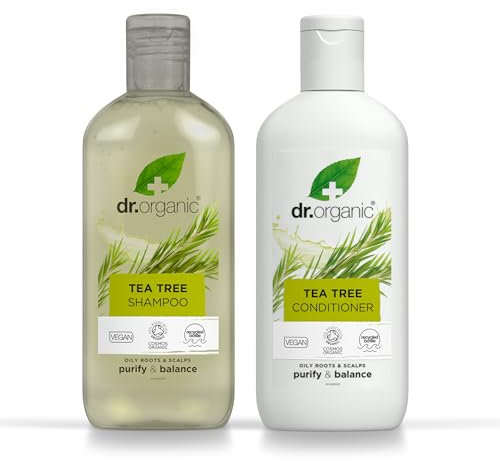 Dr Organic Tea Tree Shampoo & Conditioner Set with Travel Bag, Purifying, Oily Roots Natural, Vegan, Cruelty-Free, Paraben & SLS-Free, Recyclable & Recycled Ocean Bound Plastic, Organic, 265ml