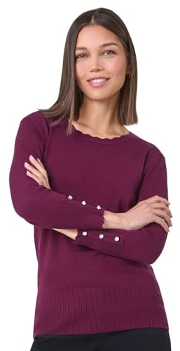 Roman Diamante Button Scallop Edge Jumper for Women UK - Ladies Autumn Everyday Winter Holiday Round Neckline Comfy Long Sleeve Soft Slim Fit Knitted Sweater Warm Tops - Burgundy - Size 18