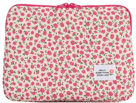 CHAMAIR Puffy Laptop Sleeve 13 Inch Floral Laptop Bag for Women Quilted Carrying Laptop Case Aesthetic Macbook Sleeve Compatible for Notebook Cover 12'' 13'' (Pink Flower 13in)