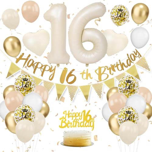 16. Geburtstag Deko Beige - Luftballon Deko für Damen und Frauen - Beige Weiß Gold Luftballons mit Banner und Tortendeko für Dekoration