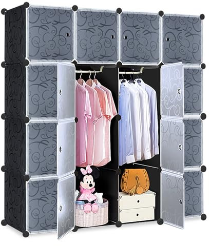 FIVMEN Kleiderschrank Schwarz Garderobenschrank Steckregalsystem mit 16 Würfel DIY Kleiderschränke Kunststoffschrank mit Tür Standregal Regalsystem Schrank 140 cm Breit