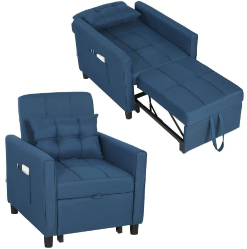 HOMCOM Poltrona Letto Singolo 3 in 1 Schienale Reclinabile 3 Livelli Blu | 2 Ruote, Cuscino, Divano Letto Singolo Pieghevole, Tessuto Effetto Lino e Legno, 69x82x85cm