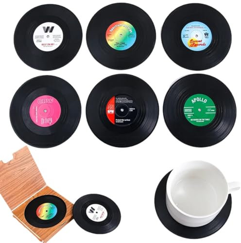 MIRKUZI Getränke-Untersetzer 6 Stück Retro-Vinyl-Schallplatten-Untersetzer, dekorative Getränke-Tischsets, rutschfeste isolierte Untersetzer, Heimbier-Untersetzer (schwarz)