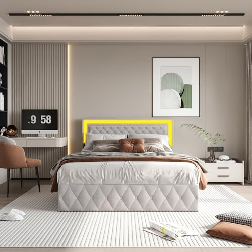 LSFYYDS Polsterbett Doppelbett 140x200 cm, Jugendbett Stauraumbett mit Stauraum und LED-Beleuchtung, Hydraulisch Bett Bettgestell mit Kopfteil, Funktionsbett mit Lattenrost