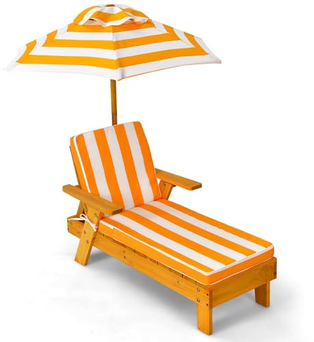 COSTWAY Tumbona de Madera Infantil con sombrilla, Silla Longue de Madera con Sombrilla Desmontable para Patio, Mueble de Jardín para Niños de 3-8 años
