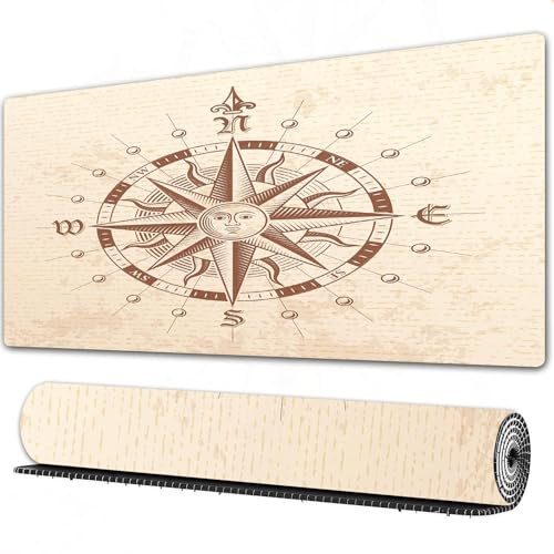 FEHWI Gaming Mouse Pad Extra Large Keyboard Mouse Mat Desk Pad Soft Smooth Surface and Anti-Slip Rubber,Compass, old compass rose. A sun face lady on it. Instrument distances between point,16x35.5 in