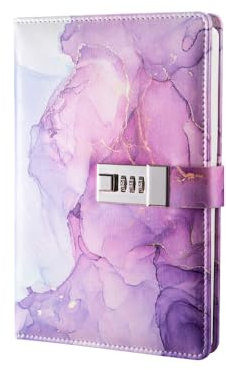 Aegistus Marmor-Tagebuch mit Schloss, nachfüllbares A5-Tagebuch für Mädchen und Frauen, 90 Seiten, süßes Notizbuch mit Zahlenschloss für Teenager-und -Jungen, Mädchen-mit Schloss, Lila