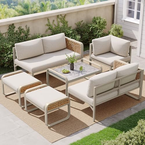 A ALFRESCOOL Gartenlounge Outdoor, Garten-Lounge-Set, Rattan-Möbel-Set für 6-7 Personen, Ecksofa mit Verzinktem Eisengestell, Verstellbare Beine, Inklusive Aller Sitz- und Rückenkissen, Beige