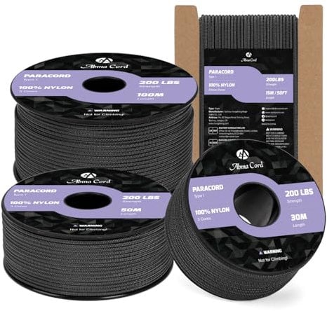 Abma Cord Paracord 2mm 15m Nylonschnur 3 Kern Seil Typ I Schnur für Basteln, Camping, Outdoor - Max. 90kg (200lbs) - Schwarz
