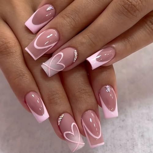 24PCS Pink Coffin Press on Nails with Hear Design – French Gradient Glossy Fake Nails, Reusable Stick-on Tips for Women & Girls, DIY Nail Art Kit