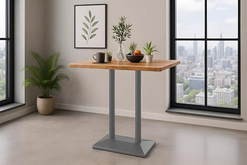 SAM Bistrotisch Ian | Bartisch/Stehtisch 100x60 cm mit Baumkante | Mangoholz massiv + Natur | Doppel-Säulengestell Metall Silber