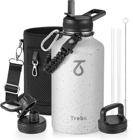 Trebo Borraccia Termica, Borraccia con Cannuccia Borraccia acciaio inox fredda per 48 ore Borraccia Termica Bottiglia in Metallo con Manico in Paracord, 1893 ml, Bianco