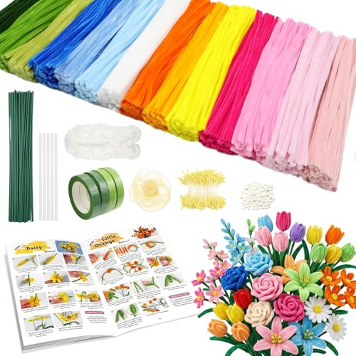 700 Stück Pfeifenreiniger Blumen Set,14 Farben Pfeifenputzer zum Basteln | Mit 35 Stück Blumendraht Grün,Geschenkband,Klebeband,Geeignet als Geschenk zum Valentinstag, Weihnachten & Geburtstagen