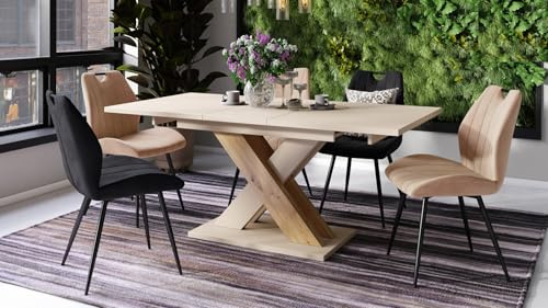 designimpex Design Esstisch Karo Beige matt/Eiche Artisanz ausziehbar 140 cm bis 180 cm Esszimmertisch für bis zu 6 Personen Funktionstisch modern vielseitig Esszimmer erweiterbar zeitlos