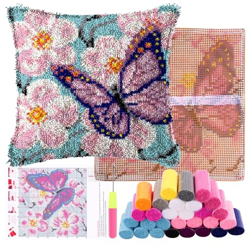 DIY Latch Hook Kits for Adults, Latch Hook Pillow Kit with Printed Butterfly in Flowers for Beginners (17x17 inch),Simple Cushion Making Kit Embroidery Pillowcase,Handmade Present for Home Sofa Decor