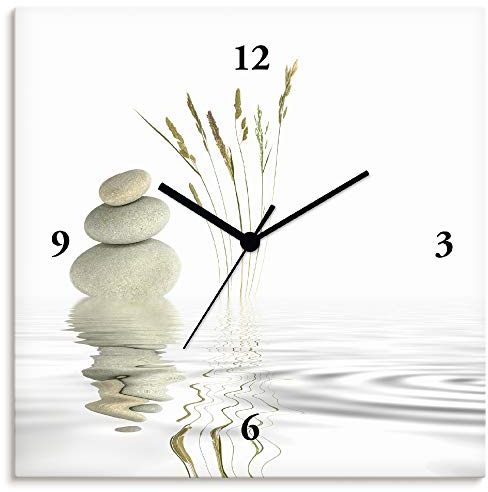 ARTLAND Wanddeko Wanduhr ohne Tickgeräusche Leinwand Quarzuhr 30x30 cm Quadratisch Lautlos Zen Asiatisch Spa Steine See Yoga Asien T5VB