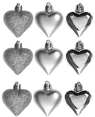 Pack Of 9 - 5cm Silver Heart Baubles - Shiny Matte & Glitter Design - Christmas Tree Trims