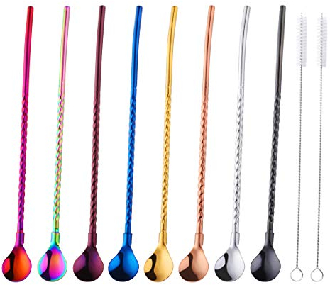 Buyer Star Pailles Cuillère Acier Inoxydable Remuer Cuillère-Pailles en Métal 8 pièces réutilisable 2 Brosse de Nettoyage Longueur 8,5 Pouces