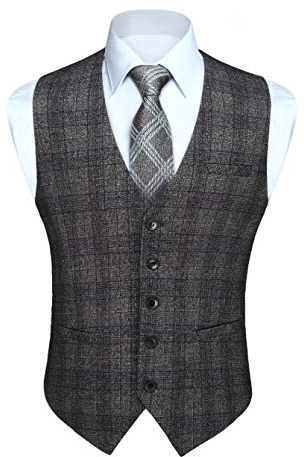HISDERN Herren Karierte Weste formale klassische Weste Baumwolle Hochzeit Hahnentritt Anzug Westen Grau XS