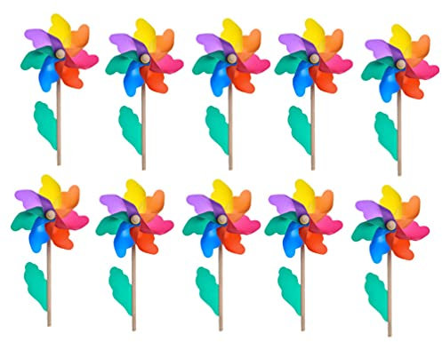 Cabilock 10 Pièces Moulin à Vent en Bois Coloré Jouet pour Enfants Moulinet Roues à Broches Roues pour Moulinets en Bois Girouettes à Gazon Plastique Tige Rotative 3D Poteau en Bois