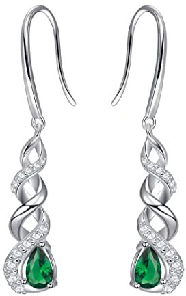 Qings Boucles d'oreilles Pendantes Argent Sterling 925 May Émeraude Boucles d'oreilles Infini Pierre de Naissance Spiral Goutte d'eau Cristal Bijoux pour Cadeau Anniversaire de Femmes Filles