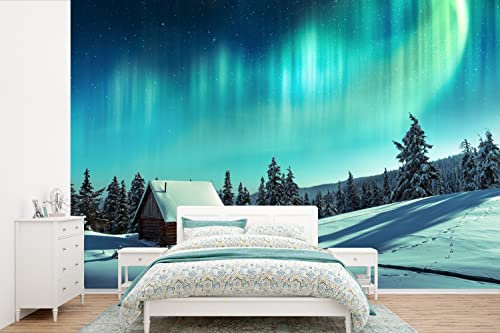 Selbstklebend Tapete Wandpapier Wandaufkleber Fototapete Tapeten Wanddeko 420x280 cm Nordlichter - Schnee - Haus - Winter