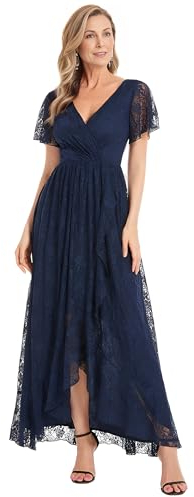 Ever-Pretty Robe de Bal Femme Longue Asymétrique Dentelle Manches Courtes Col V Fluide Chic Bleu Marine 54