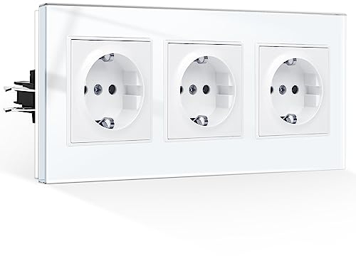 CNBINGO Dreifachsteckdose Steckdose Unterputz mit Krallen, Schuko Steckdose Gehärteter Glasscheibe, Weiß Schutzkontakt Wandsteckdose, 3-Fach, 16Amp, 250V