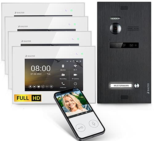 Balter EVO-HD Video Türsprechanlage, Video Türklingel, Smartphone App, 1 Familienhaus Klingel, 4X 7 Zoll HD-Monitore, Full HD-Kamera, 2 Draht Bus, Gegensprechanlage mit 175° Weitwinkel, Schwarz