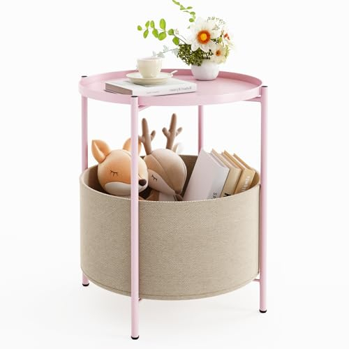 Fixwal Runder Beistelltisch, Nachttisch, rosa Nachttisch, Metall-Beistelltisch mit Aufbewahrungskorb aus Stoff, kleiner Beistelltisch mit abnehmbarem Tablett, Kommode für Kinderzimmer, Kinderzimmer,