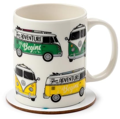 Puckator VW Volkswagen T1 Camper Bus Porcelain Tea Coffee Mug & Coaster Set - Funny Home Accessories - Cute Gifts for Girlfriend - Large Mugs for Men Women Hot Drinks Cups Presents Secret Santa Gift