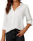 SPRING SEAON Chemisier à manches longues en mousseline de soie avec col en V pour femme, blanc, XXL
