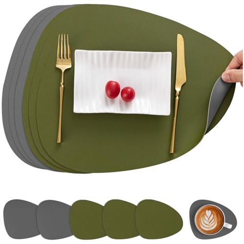 Myir JUN Tischsets Leder und Untersetzer, Tischsets Abwaschbar Rund Doppelseitigen rutschfest Platzdeckchen Leder Kunstleder Tischset Lederoptik Platzset (Grau Grün 01, Satz von 6)