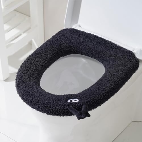 Treer Toilet Seat Cover Pads, Thicker Soft Toilet Seat Cushion Warmer Washable Bathroom Toilet Seat Covers with Handle Reusable Cushion for Winter Universal Size (1pc,black)