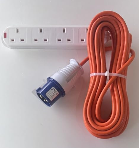 MAIL MORE Caravan Extension Lead - Heavy Duty Caravan Hook Up Cable - 16 Amp Socket Cable 240V Camping Extension Lead, High Visibility, Orange Mains Power Cable Campervan Motorhomes 4 way Socket (5M)