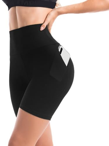 Walifrey Sport Shorts Damen mit Taschen,High Waist Blickdicht Radlerhose Damen,Kurze Sporthose Running Yoga für Sommer Schwarz SM