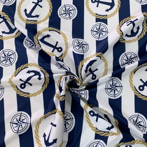 Textrend - wasserdichter Stoff als Meterware - Polyester Stoff in vielen Farben - Textilien 1x1.50m - Stoffe Meterware (Marineblau gestreift mit Ankern marineblau und weiß)