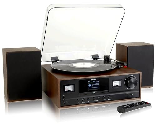 Denver MRD-52 Record Player Hi-Fi System With 2.4-inch Colour Screen - CD Player, DAB/DAB+ & FM Radio, Bluetooth, Aux In, Remote Control, Wooden Body & Speakers – Dark Wood