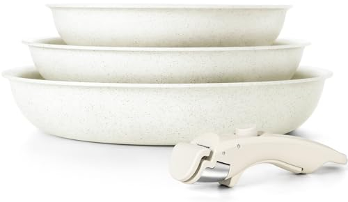MICHELANGELO Non Stick Frying Pan Set with Removable Handle, 20cm,24cm and 28cm Frying Pans, Fry Pan with Detachable Handle, Granite Skillets, PFOA Free, Oven Safe, White