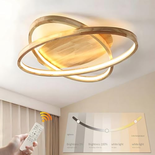 WayLuoung LED-Deckenleuchte Aus Holz | Ø52cm50W 4300Lm | 3000K-6000K Dimmbar Mit Fernbedienung, 2-Ring-Moderne Natürliche Holz- Und Acryl-Ovallampe, Wohnzimmer, Kinderzimmer Küche Esszimmer Heimbüro