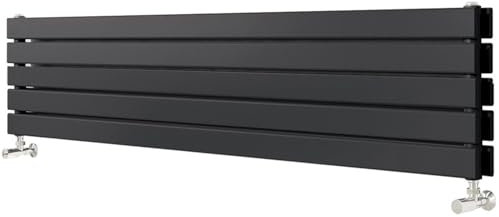 Go Bathrooms Pinta 340 x 1600mm Horizontal Radiator Black Flat Panel Double Column Wall Mounted Designer Black Radiator Central Heating Includes Brackets