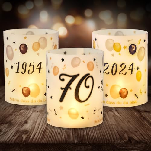 12 Windlicht Tischdeko 70 Geburtstag, Seutgjie 70. Geburtstag Jubiläum Deko Mann Frau 1954-2024 Schwarz Gold für Teelichter oder Kerzen