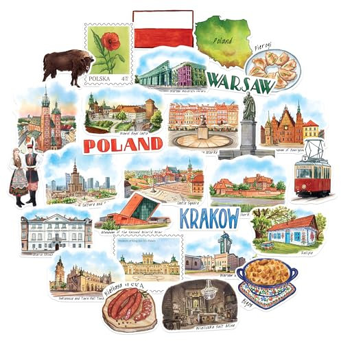 Navy Peony Friedliche Polen-Reiseaufkleber (28 Stück) – Gestanzt, Aquarell, Warschau-Polen-Themen-Urlaubsaufkleber für Sammelalben, Tagebücher, Trinkbecher