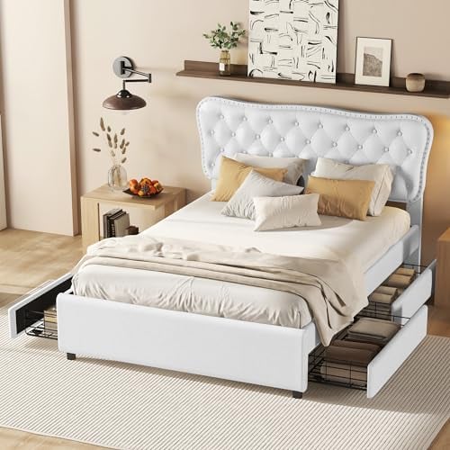 WENCHSH Polsterbett Einzelbett Doppelbett Bettgestell Bett zum Ausziehen und Stauraum 140x200 cm, Ausziehbares Podestbett mit 4 Schubladen, Leinen, Ohne Matratze, Weiß