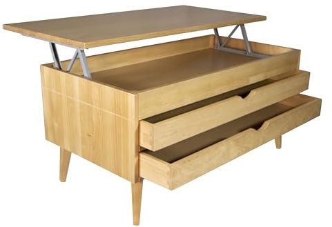 LoMasCasa Couchtisch für Wohnzimmer, höhenverstellbar, aus Holz, Modell Luzia 15, mit zwei ausziehbaren Schubladen in heller Eiche, Maße 100 x 50 x 47 cm
